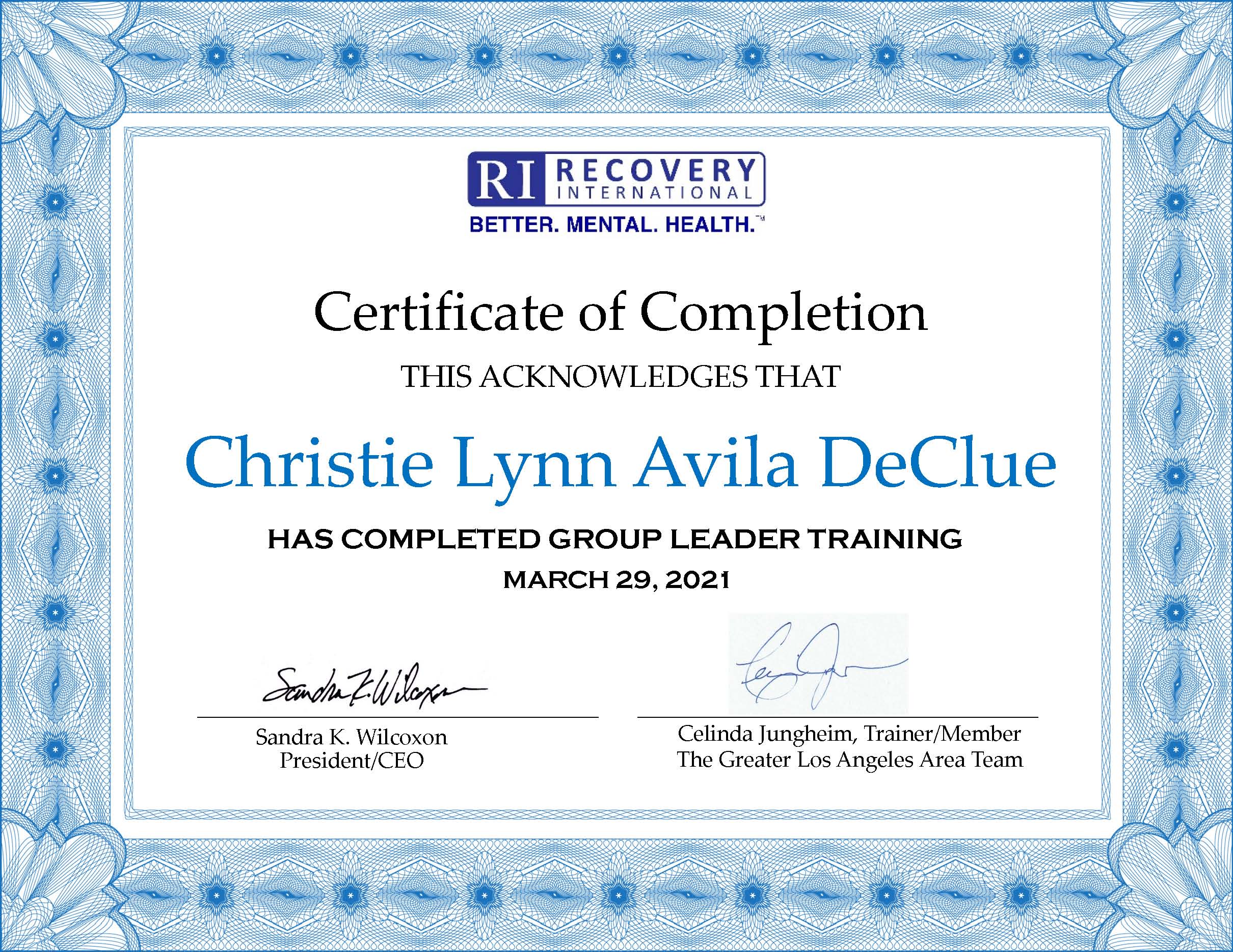 Christie Lynn Avila DeClue certificate